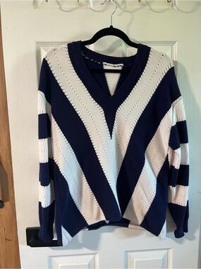 Coastal Preppy Navy & White Striped V-Neck Sweater - Size Small